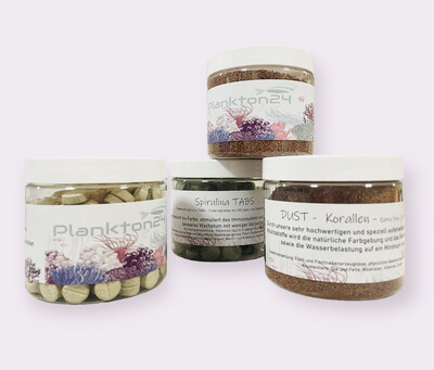 NEU - Plankton24 Futterset 4 x 200ml Spirulina &amp; Knoblauch TABS , Soft &amp; DUST Korallen &amp; Zierfische Alleinfuttermittel​
