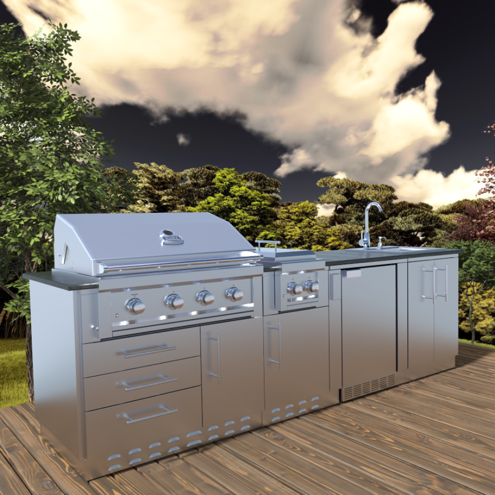 HOUSTON 9′-8″ Grill/Double Burner/Bar Sink & Fridge Island Package