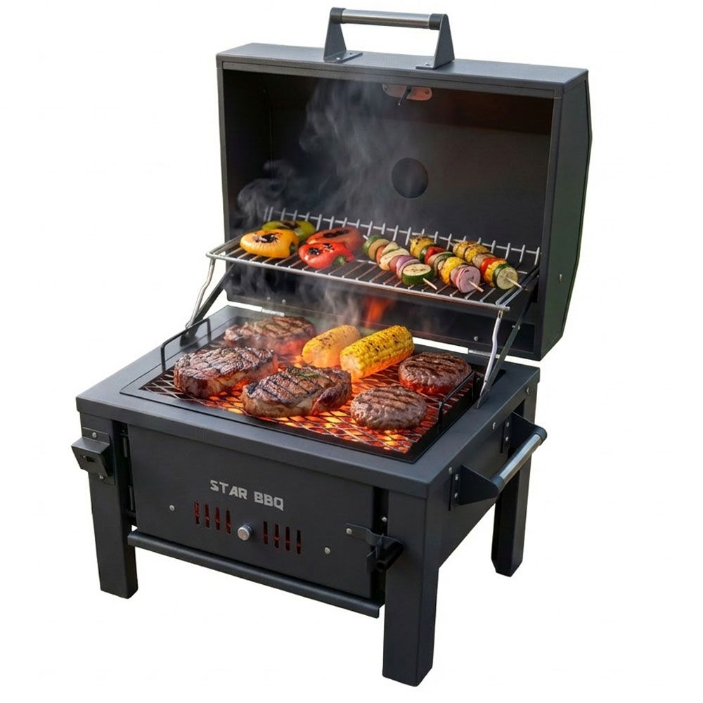 STAR BBQ™ 24″ Portable Charcoal Grill Smoker with Hood & Chimney – Ultimate Versatile Campfire Cooking Station | STARBBQ-24CHBS-HDR-EXG