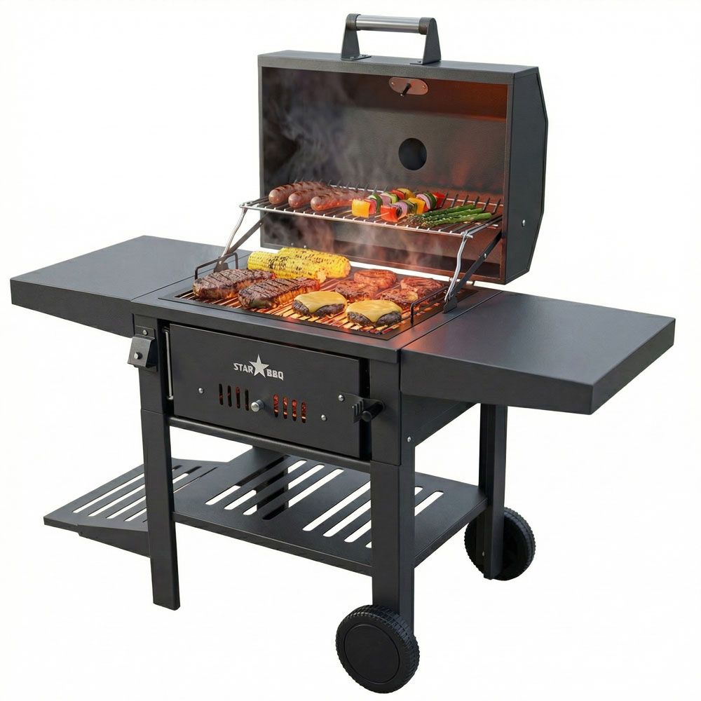 STAR BBQ 24" Portable Charcoal Grill Smoker Cart – Ultimate Versatile Heavy-Duty Outdoor Cooker | STARBBQ-24CHBS-HDR-EXG-CRT