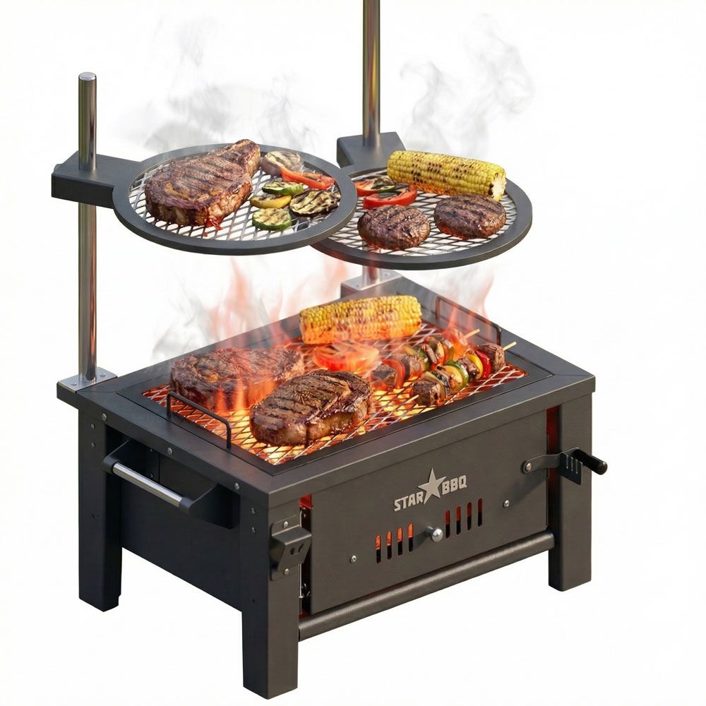STARBBQ® 24″ Charcoal Grill Base with Post-Mount Griller Rim & ExGrate – Ultimate Versatile Open-Fire Cooking Station | STARBBQ-24CHBS-PMR-EXG