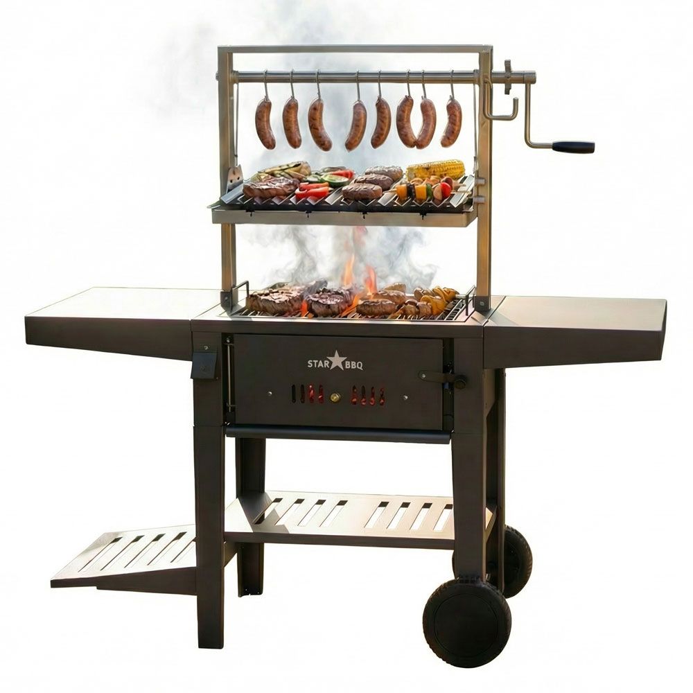 STARBBQ® 24″ Santa Maria Charcoal Grill with Cart – Ultimate Crank-Adjustable Open-Fire Powerhouse with Raised Sear, Diamond ExGrate & Mobility | STARBBQ-24CHBS-SMR-RSE-EXG-CRT