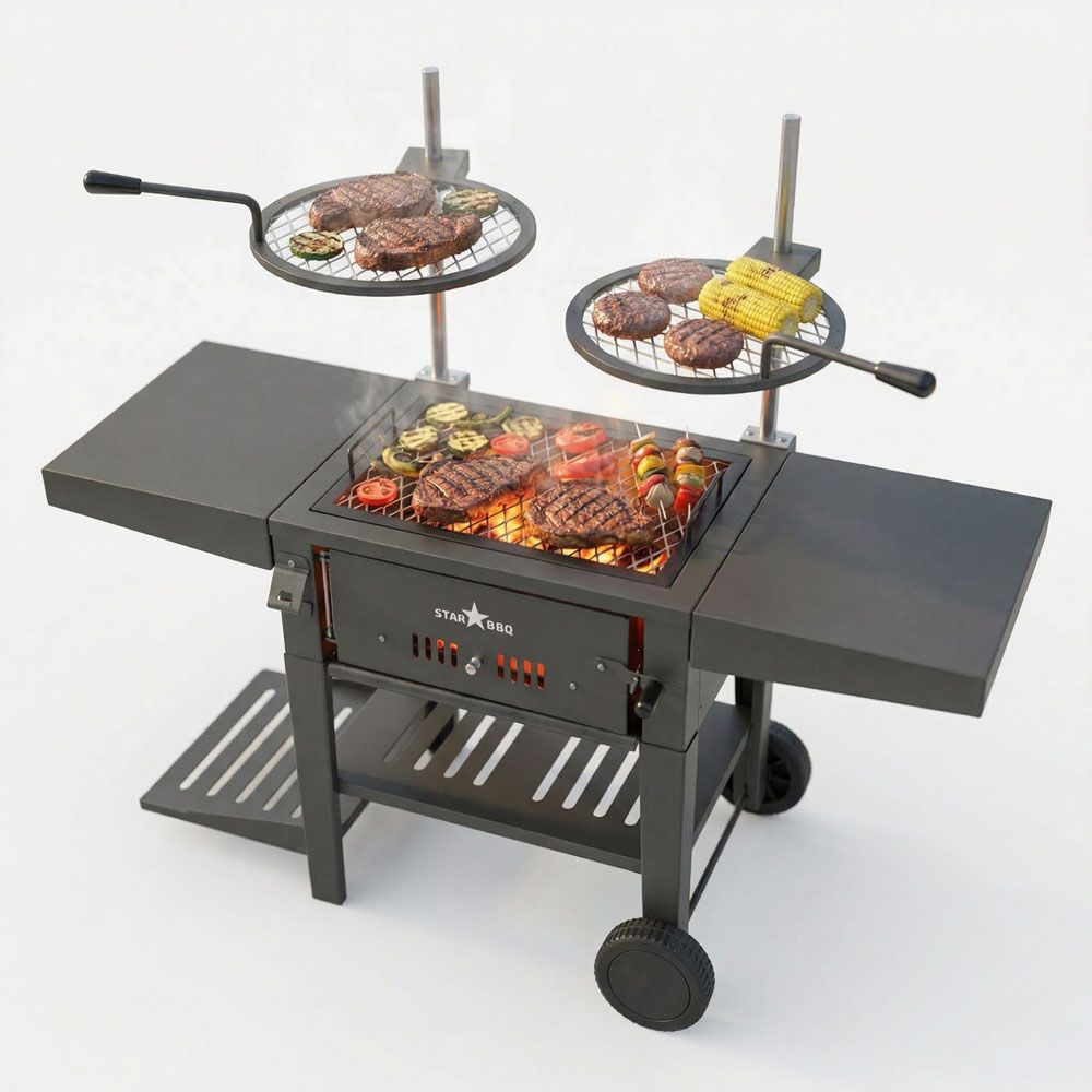 STAR BBQ™ 24″ Charcoal Grill Base with Post-Mount Griller Rim & ExGrate – Ultimate Versatile Open-Fire Cooking Station | STARBBQ-24CHBS-PMR-EXG-CRT