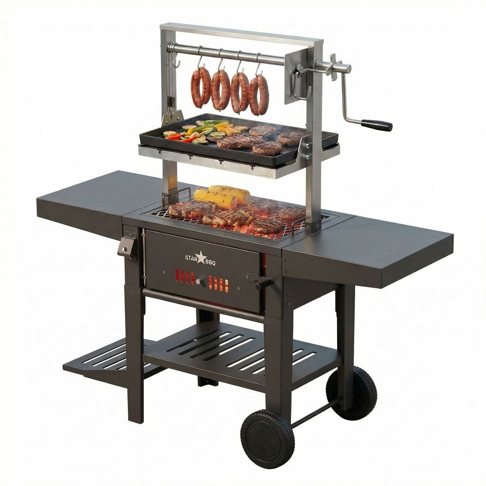 STARBBQ 24″ Santa Maria Charcoal Grill Package – Ultimate Adjustable Open-Fire Cooking Station with Cart & Versatile Inserts | STARBBQ-24CHBS-SMR-RGR-EXG-CRT