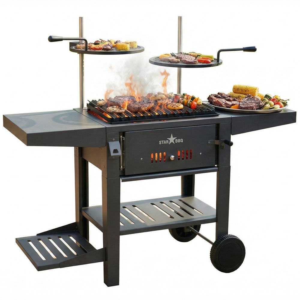 STARBBQ® 24″ Post-Mount Charcoal Grill with Cart – Ultimate Heavy-Duty Open-Fire Grilling Station