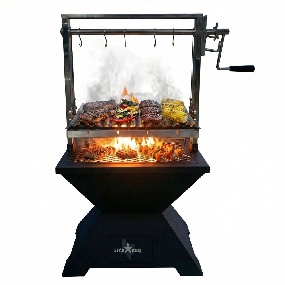 Sunstone® StarBBQ™ 24″ Smokeless Fire Pit Base with Santa Maria Rim, Raised Searing Grate & ExGrate – Ultimate Versatile Outdoor Cooking Hub | STARBBQ-24FPBS-SMR-RSE-EXG