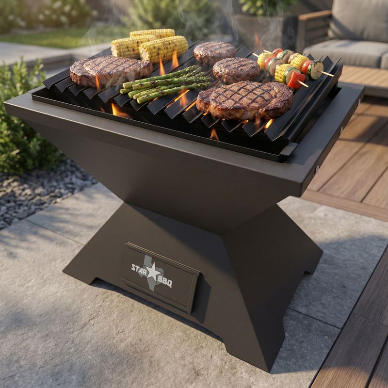 Sunstone® StarBBQ™ 24″ Smokeless Fire Pit Base with Base Rim and Raised Searing Grate – Ultimate Versatile Outdoor Cooking Hub | STARBBQ-24FPBS-BSR-RSE