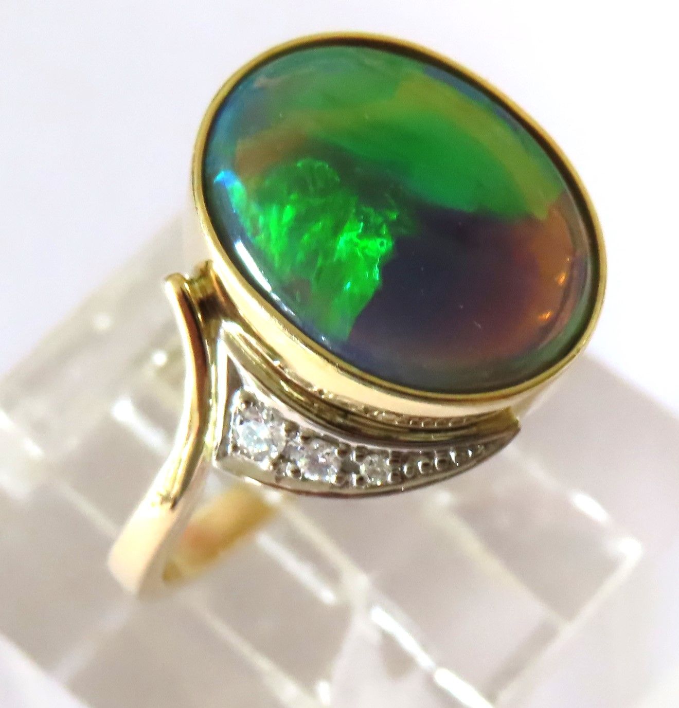 Butterfly wing solid Black Opal &amp; Diamonds ring in 18ct gold