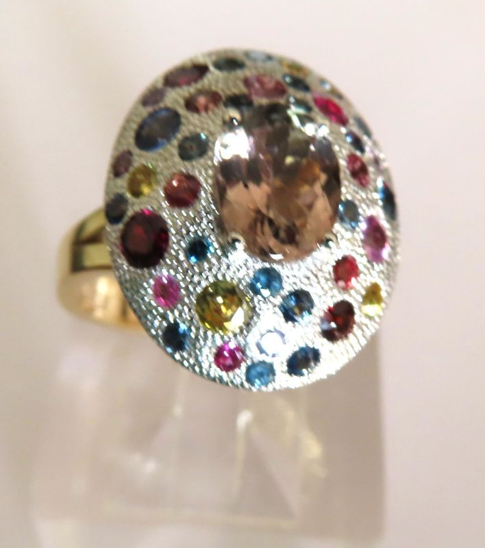 Confetti ring with bi-colour Tourmaline, Sapphires, blue Diamonds &amp; Garnets