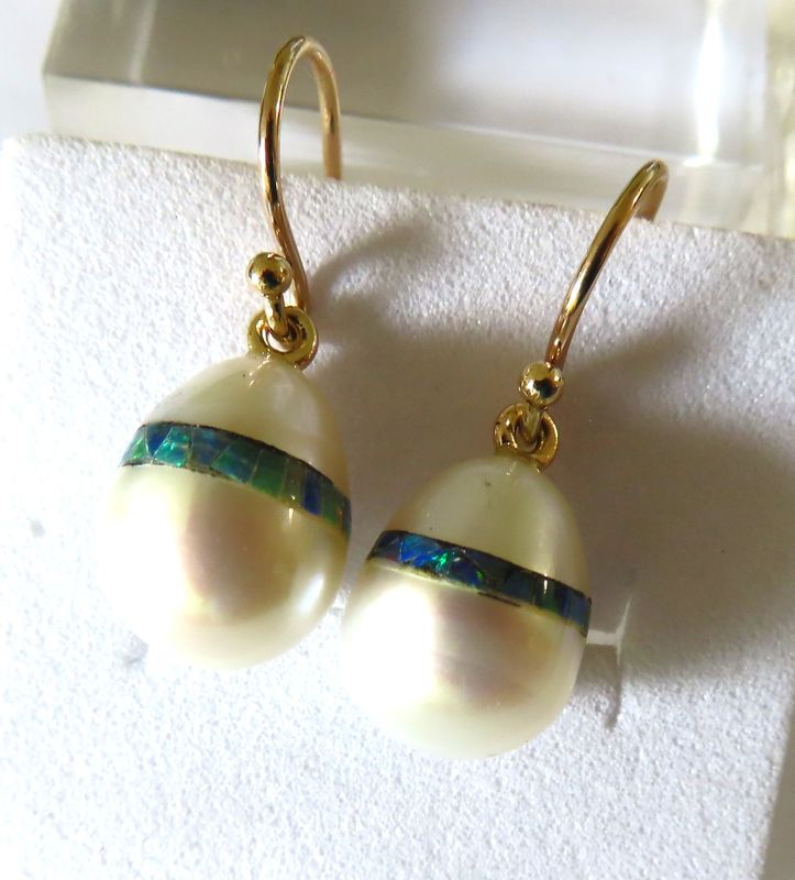 White Pearl with inlaid Opal earrings in 9ct yellow gold