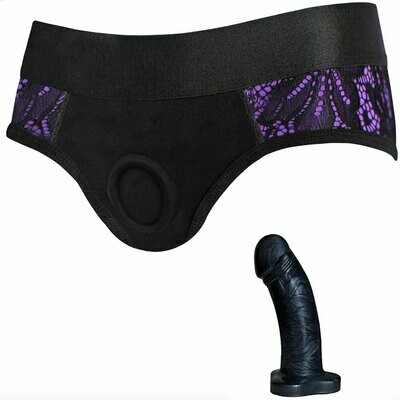 Black & Purple Panty+ Harness and 5" Black Pearl Dildo - PACKAGE DEAL