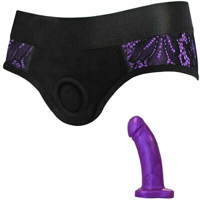 Black & Purple Panty+ Harness and 5" Violet Pearl Dildo (PACKAGE DEAL)