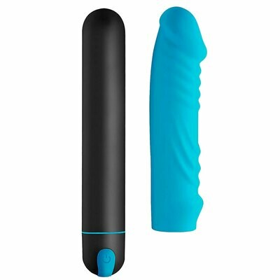 BANG! XL Bullet and Realistic Ribbed Sleeve - Rechargeable - Black &amp; Blue