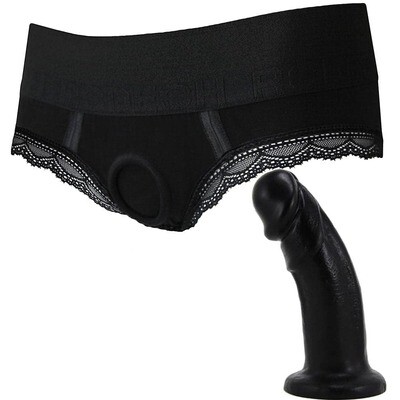 2.0 Panty Harness & Large Bent Dildo - Black (6.5" x 2")