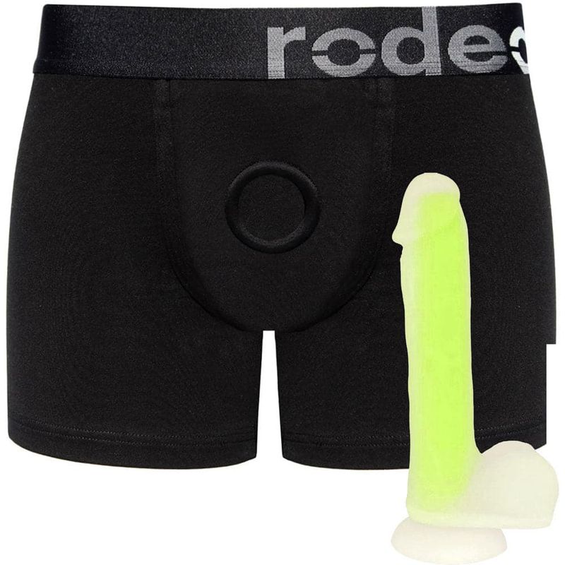 Black Boxer+ Harness and Glo-Fi Dildo - 6&quot; Green (Package Deal)