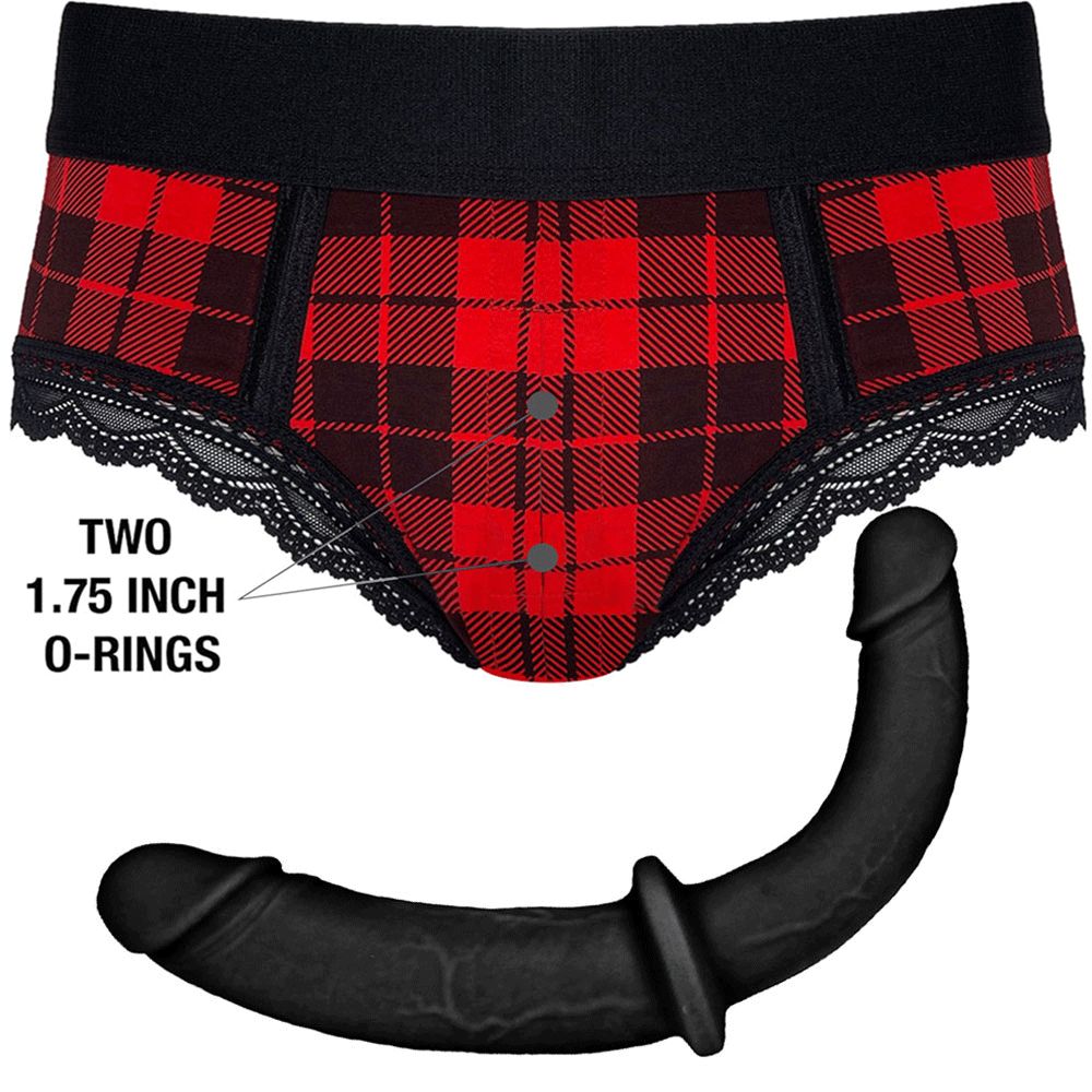 Duo Panty Harness and Double Trouble Dildo - Red Plaid