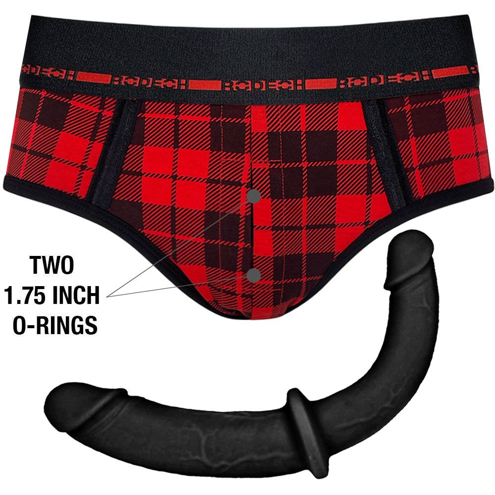 Duo Brief+ Harness and Double Trouble Dildo - Red Plaid