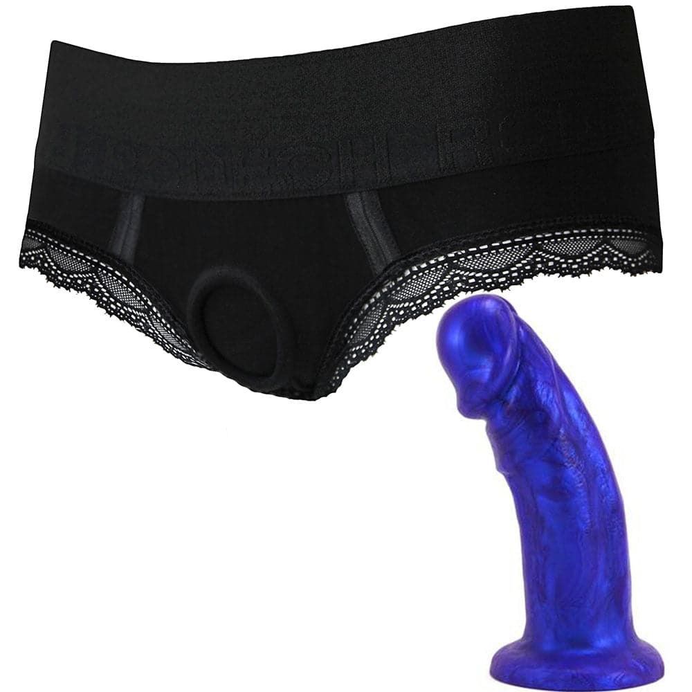 2.0 Panty Harness &amp; Large Bent Dildo - Purple - PACKAGE DEAL