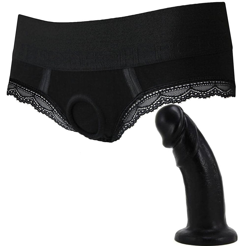 2.0 Panty Harness &amp; Large Bent Dildo - Black - PACKAGE DEAL
