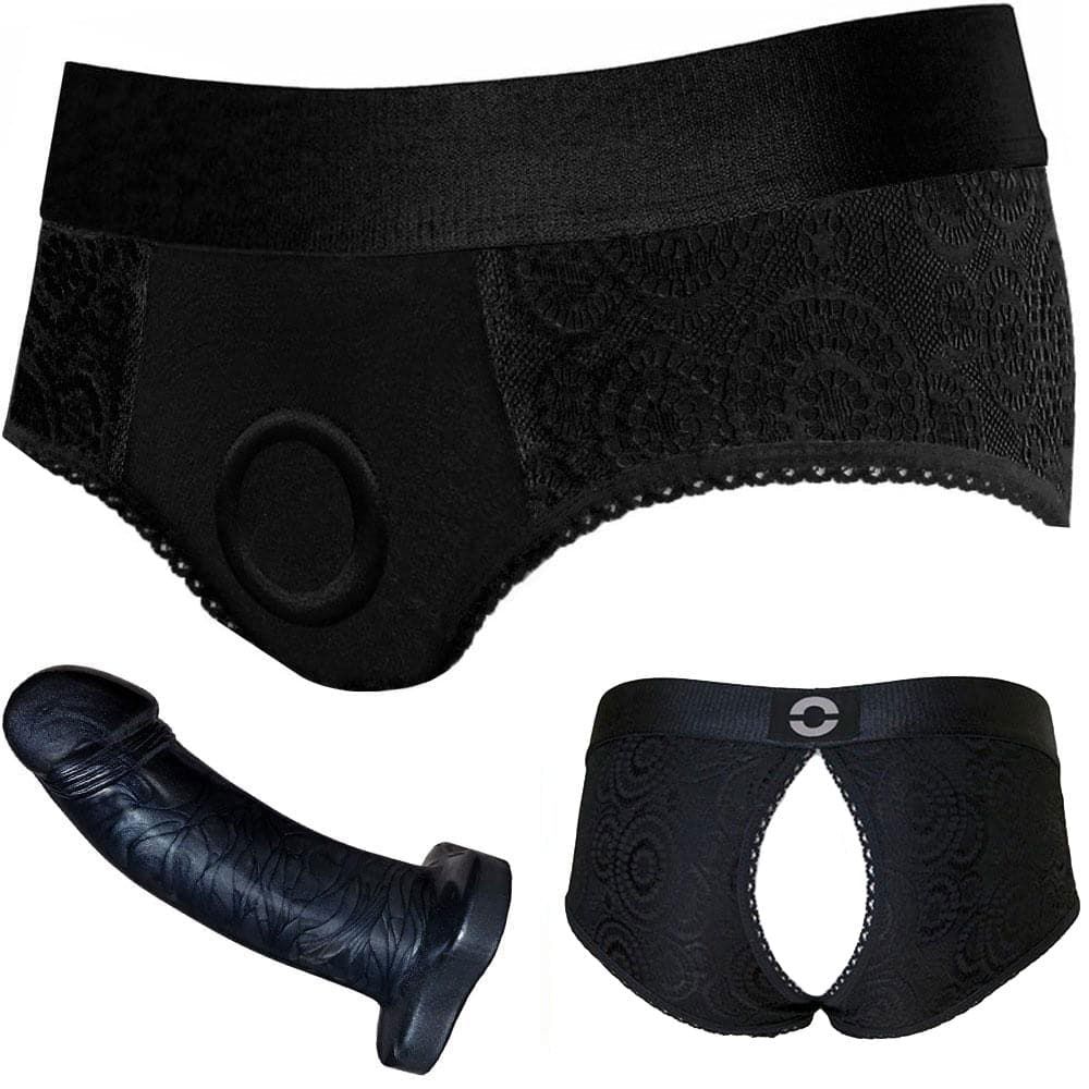 Pleasure Kit - Crotchless Panty Black and 5&quot; Black Pearl Dildo - PACKAGE DEAL