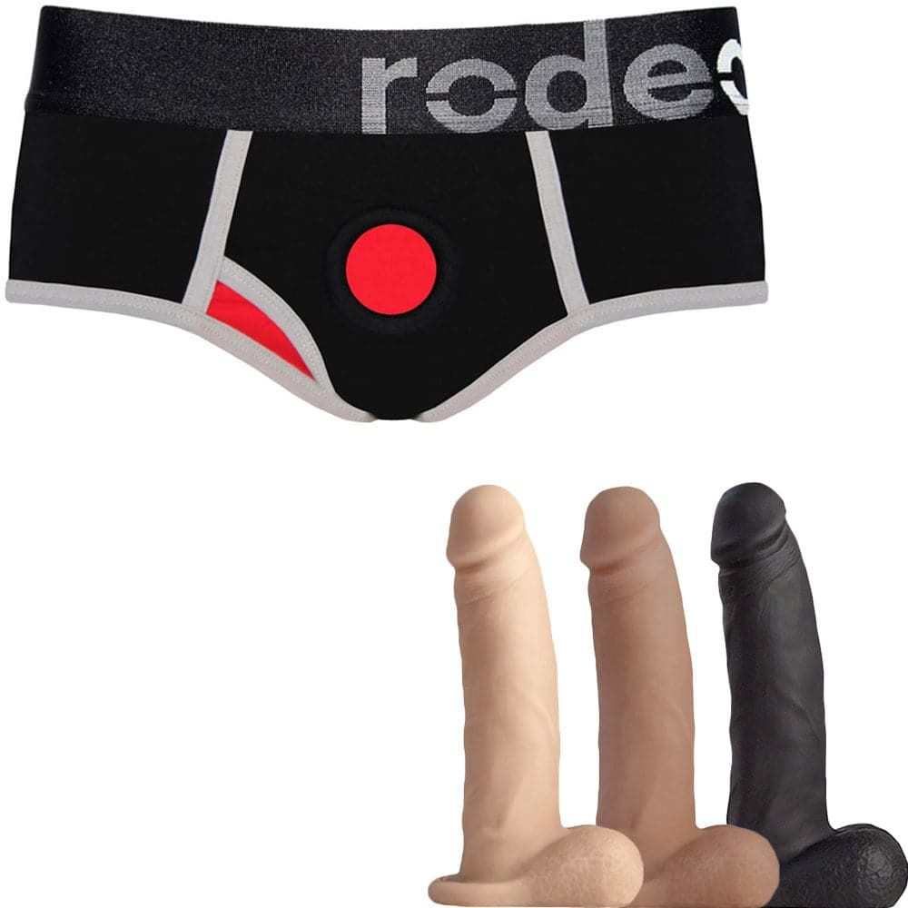 Black &amp; Red Brief+ Harness and 5.75&quot; Realistic Dildo - PACKAGE DEAL