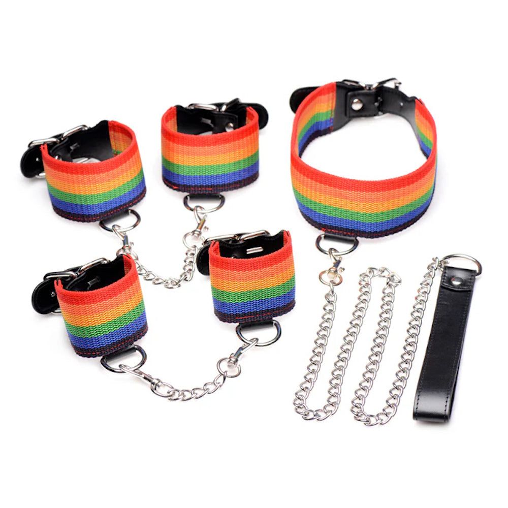 Kinky Pride Rainbow Bondage Set - Collar, Leash &amp; Cuffs