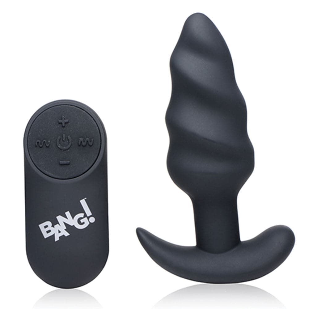 Bang! 21x Vibrating Silicone Rechargeable Swirl Butt Plug - Remote Control - Black