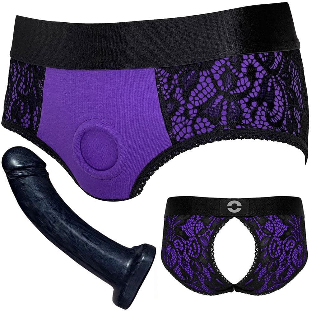 Pleasure Kit - Crotchless Panty Purple and 7&quot; Black Pearl Dildo - PACKAGE DEAL