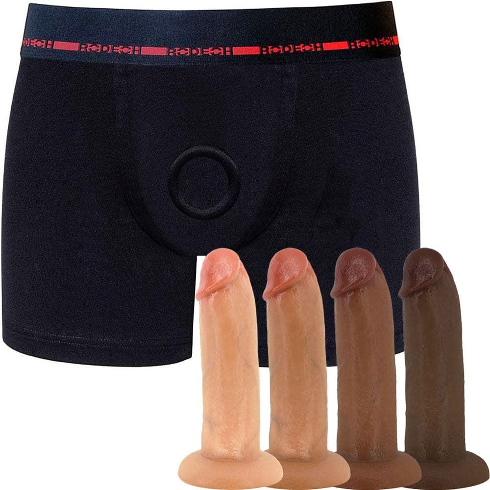 Classic Boxer+ Harness - Black &amp; Red and 7&quot; SoReal Posable Dildo - PACKAGE DEAL