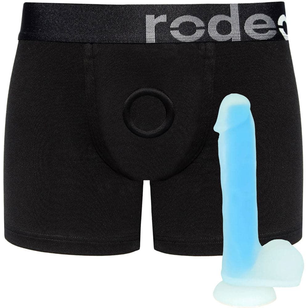 Black Boxer+ Harness &amp;  6&quot; Blue Glo-Fi Silicone Dildo - Package Deal