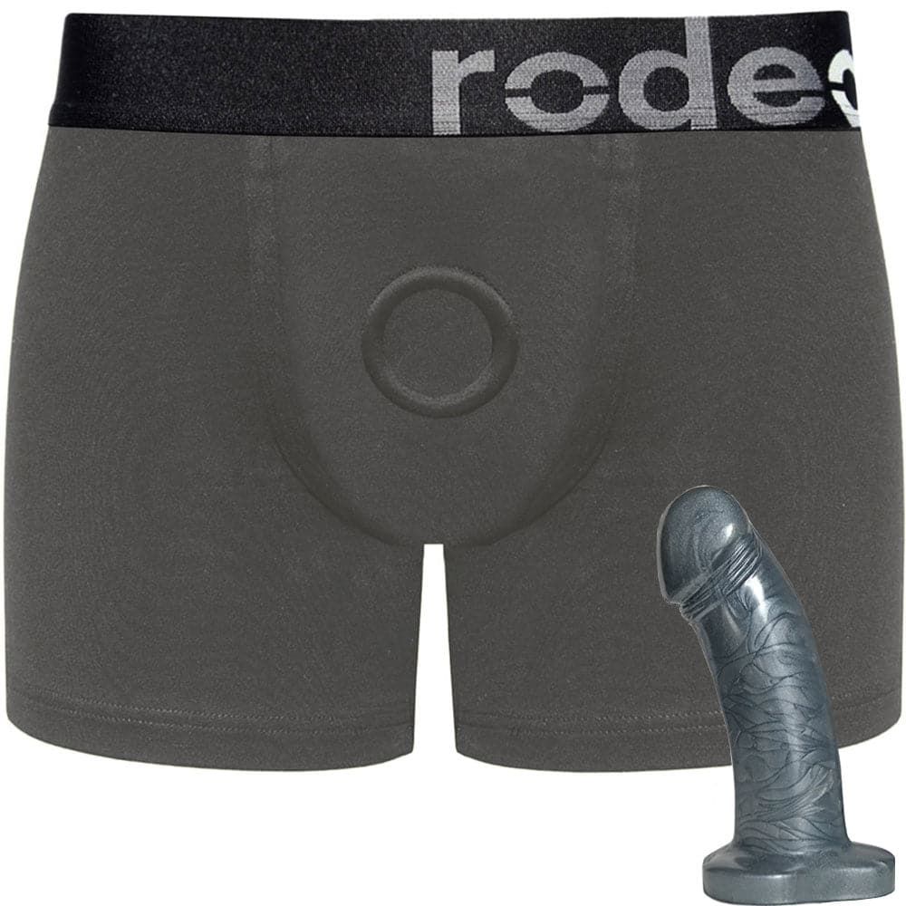 Classic Gray Boxer+ Harness and 5&quot; Steel Pearl Dildo - Package Deal