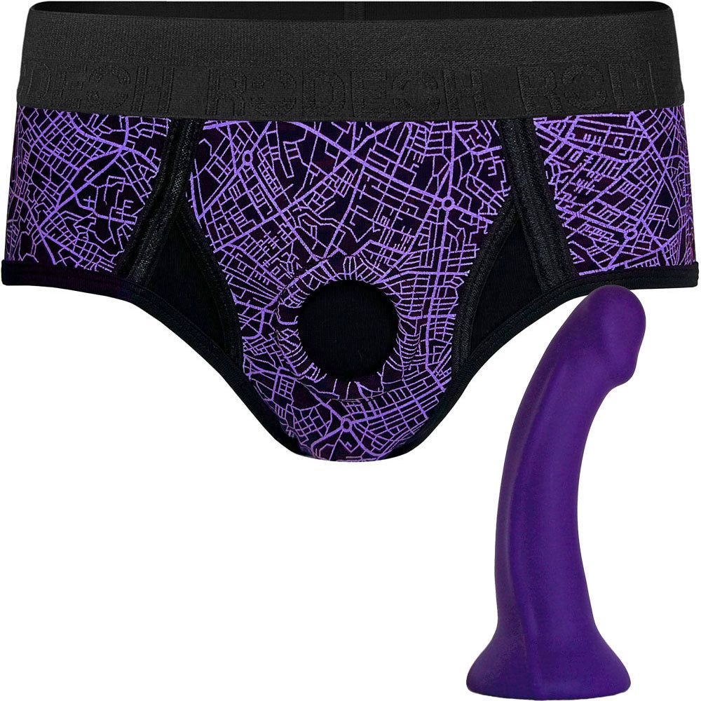Purple Geometric Brief+ Harness &amp; Purple Contour Silicone Dildo - Package Deal