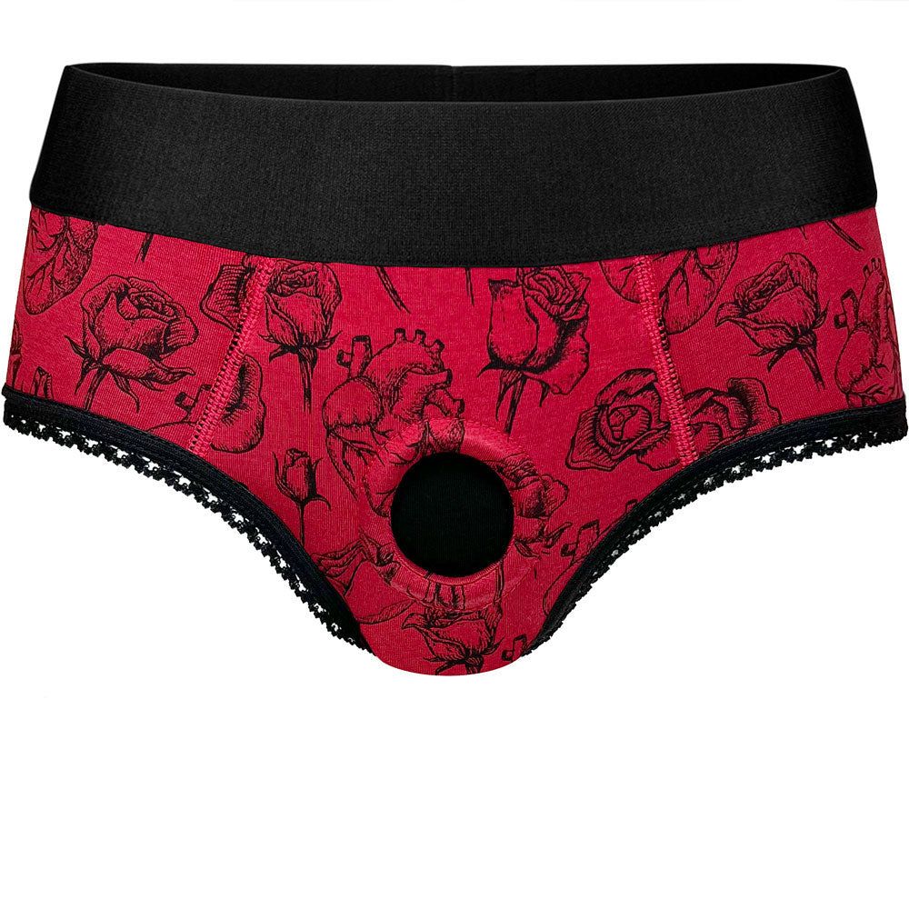 Crotchless Panty Harness - Hearts &amp; Roses Red