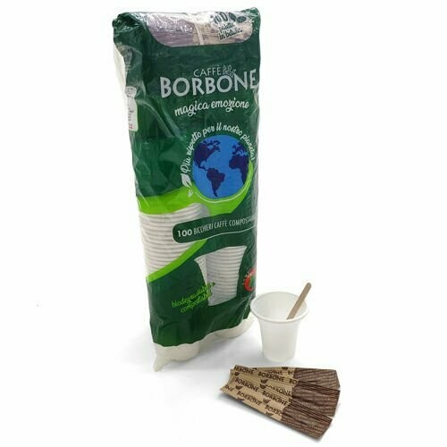 KIT CAFFE' BORBONE 100 BICCHIERI COMPOSTABILI E PALETTE BIODEGRADABILI