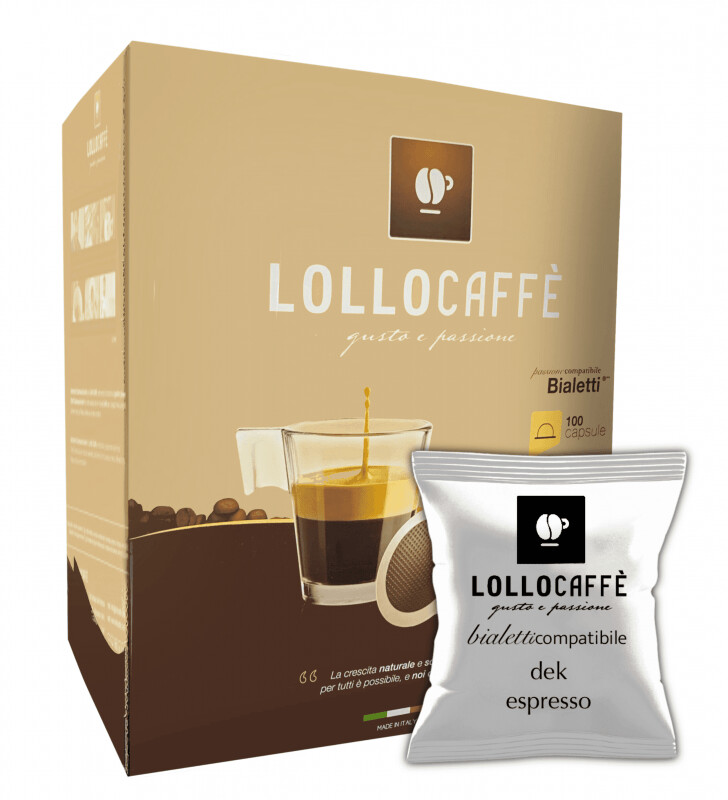 100 CAPSULE LOLLO CAFFE' MISCELA DEK DECAFFEINATO COMPATIBILI BIALETTI