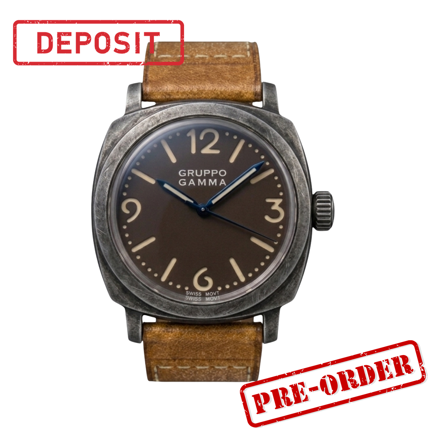 Gruppo Gamma Genesis GG-15 aged steel watch with tropical-brown sandwich dial