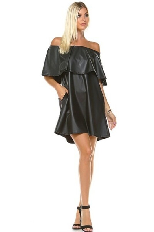 Dress |Off-The-Shoulder-Pleather-Swing-Dress Dress |Off-The-Shoulder-Pleather-Swing-Dress