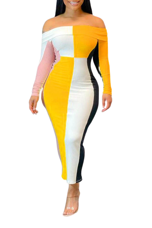 Sales | Ribbed Off-The-Shoulder Long Sleeve Color Block Dress