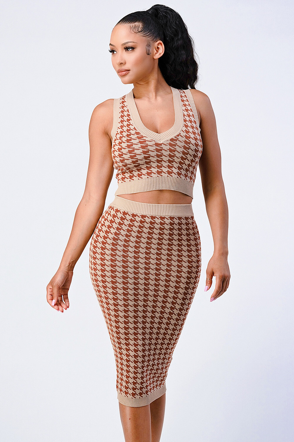 Sets| Gingham Rib Knit Skirt Set