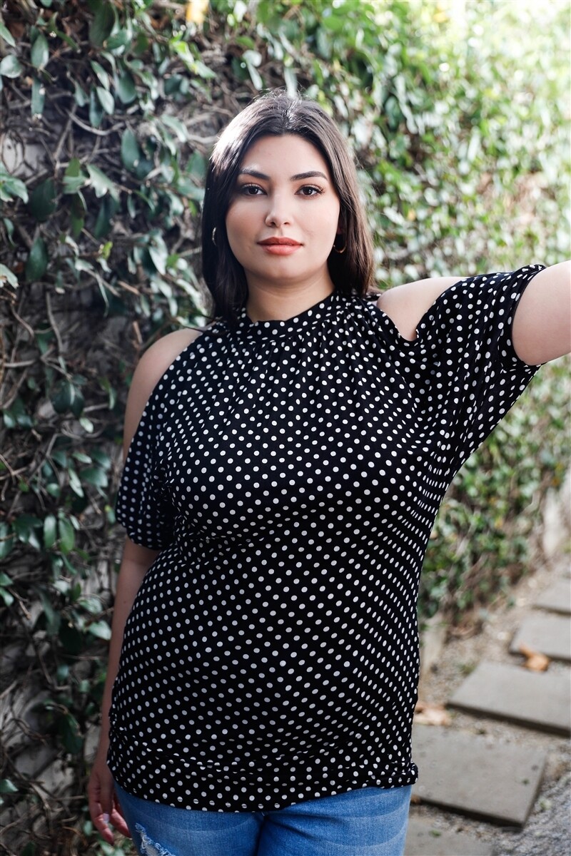 Plus Size Tops |Plus Polka Dot Cold Shoulder Short Sleeve Back Self-tie Top FIX