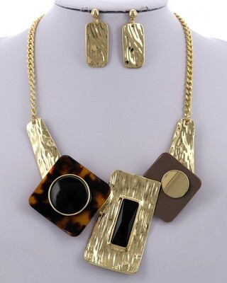 Acetate Hammered Geometric Metal Necklace & Earring Set
