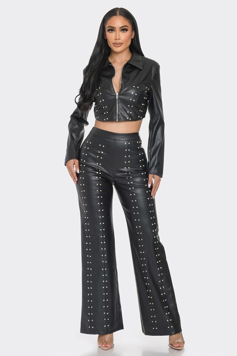 Pants Set | Faux Rhinestone Leather Pant Set