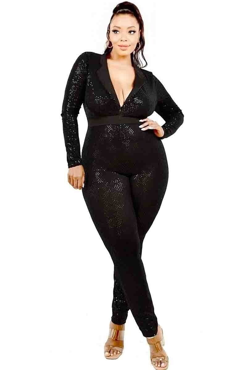 Plus Size Jumpsuits &amp; Rompers | Sequin Deep V Neckline Jumpsuit