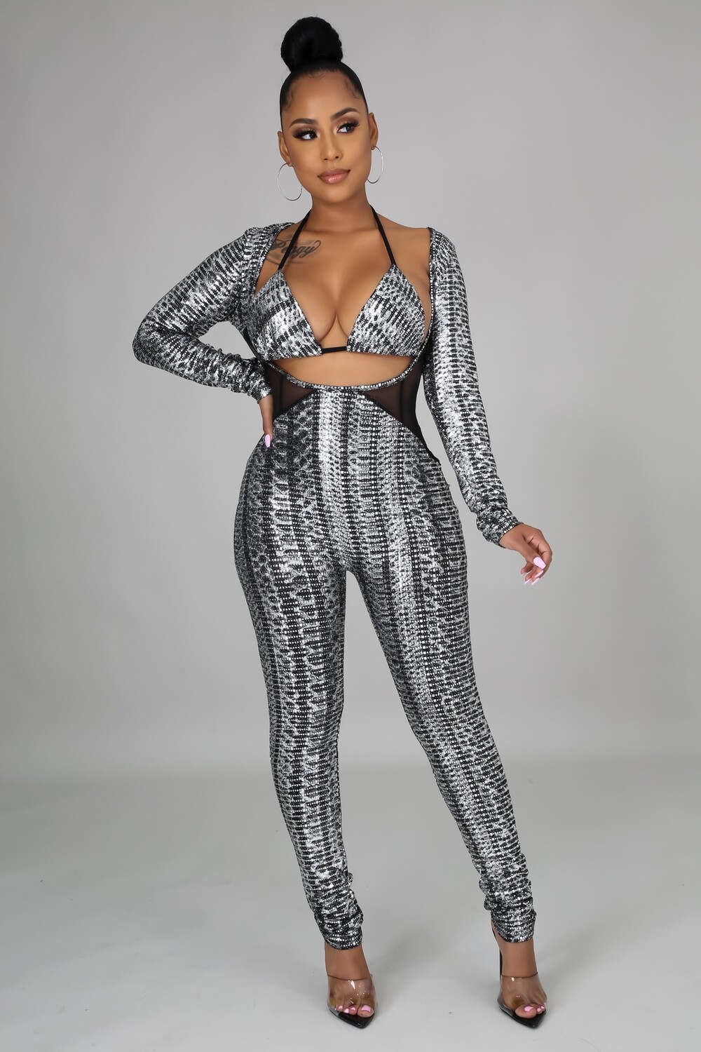 Jumpsuits | Sexy Silver Streak Jumpsuit