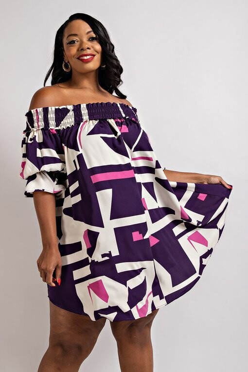 Plus Size Dresses | Stunning Off-Shoulder Geometric Print Dress