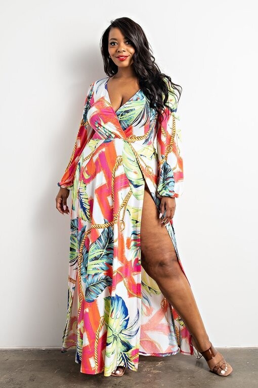 Plus Size Dresses | Tropical Surplice Plus Size Dress - Long Sleeve