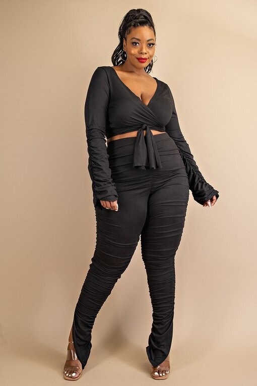 Plus Size Pants Sets  | Plus Size Ruched Sleeve Crop Top &amp; Legging Set