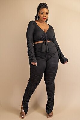 Plus Size Pants Sets  | Plus Size Ruched Sleeve Crop Top &amp; Legging Set