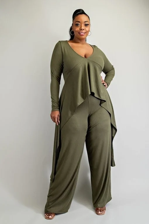 Plus Size Pants Sets | Plus Size Long Sleeve Panel Top &amp; Wide Leg Pant Set