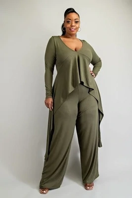 Plus Size Pants Sets | Plus Size Long Sleeve Panel Top &amp; Wide Leg Pant Set
